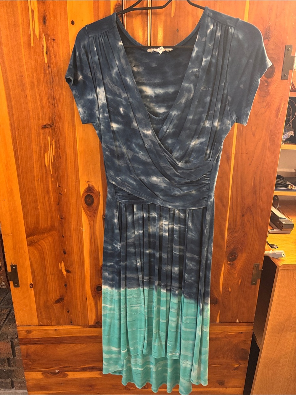 Athleta Navy and Aqua Tie-Dye Wrap Midi Dress
